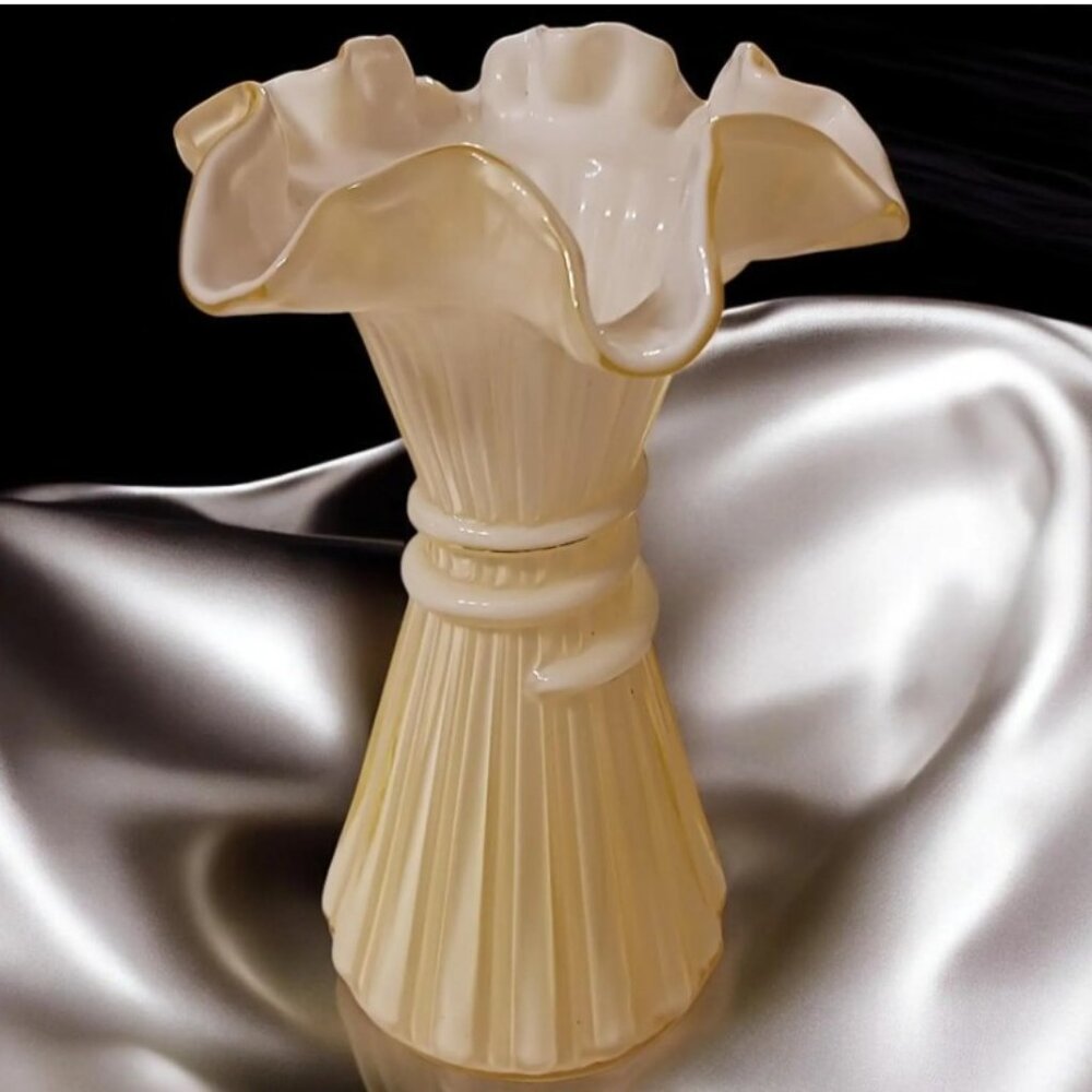 Vintage Fenton Candle Glow Yellow Ruffled Wheat Vase - 1950s MCM Art Glass, 7.5”